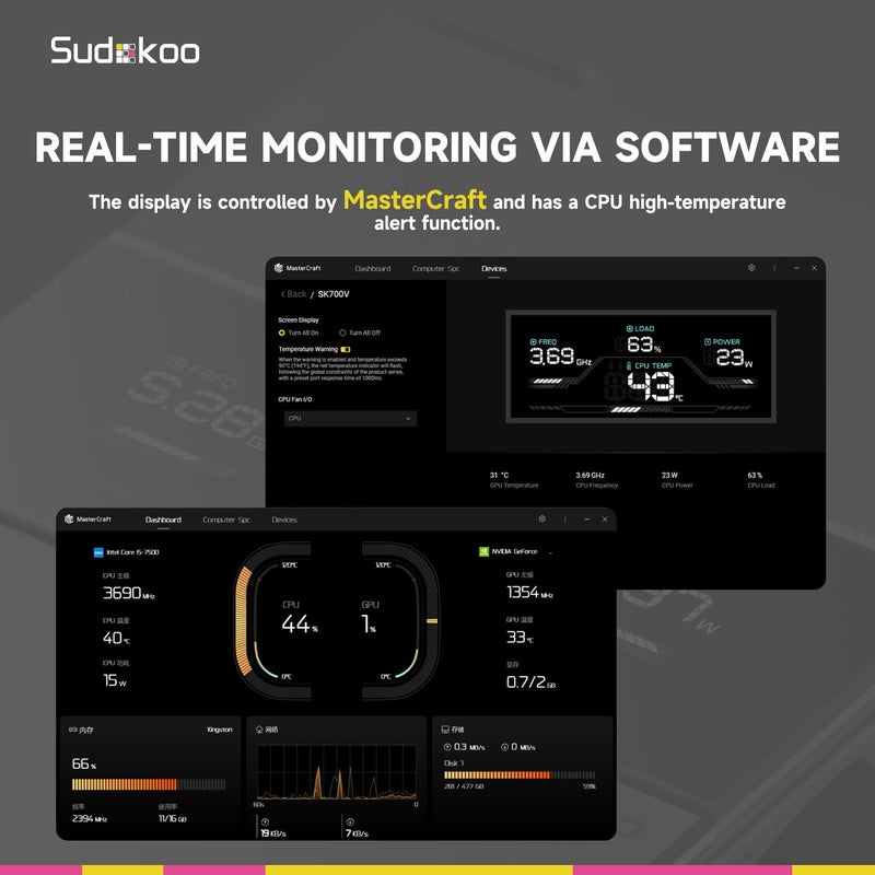 Sudokoo مبرد وحدة المعالجة المركزية SK700V AM5، حصري لـ AM5، شاشة رقمية، 7 أنابيب حرارية، مبرد هواء وحدة المعالجة المركزية، برج واحد، مروحة 120 مم FDB PWM، حرية كاملة في الذاكرة، قفل تركيب L-Rail، ضمان 5 سنوات، أسود - Image 4